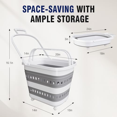 Collapsible Plastic Laundry Basket Hamper with Wheels, 45L Portable Rubber Clothes Basket, Pop Up Storage Container/Organizer with Hanging basket for Washing & Storage, Grey - color: Grey, size: 45L