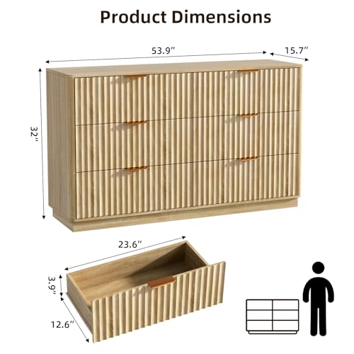 VOWNER Fluted 6 Drawers Dresser for Bedroom, 54" Wide Modern Chest of Drawers with Metal Handle, Closet Clothes Storage Organizer, Wood Dresser TV Stand for Living Room, Closet, Hallway, Entryway - color: Oak