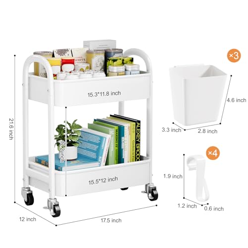 2 Tier Rolling Cart Metal with Wheels, White Under Desk Storage Roller Caddy on Wheels, Two Tiered Short Shelf Trolley, Small Utility Organizer Carts for Dorm, Bathroom, Craft, Art, Baby, Pantry,Snack - color: Simple White, size: 2 tier
