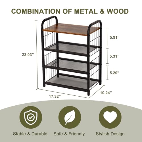 Shoe Rack, 4-Tier Shoe Organizer with Guardrails, Heavy-Duty Metal Mesh Shelves & Rustic Wooden Top for Stylish Closet & Front Door Storage - size: 17.32" X 10.24" X 23.03"
