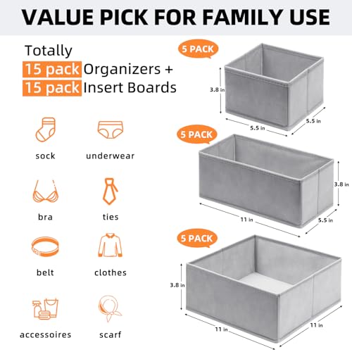 Criusia Drawer Organizers for Clothing 15 Pack, Foldable Fabric Closet Organizers and Storage Bins for Baby Clothes, Dresser Drawer Dividers for Adult Sock Underwear, Bra, Nursery Organization (Grey) - color: Grey