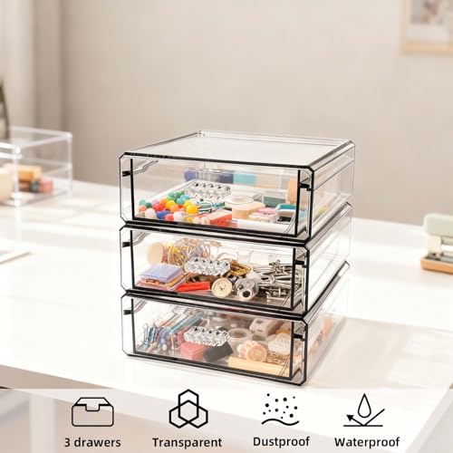 Drawer Organizers, Clear Stackable Storage Boxes for Kitchen Utensils, Office Desk, Bathroom, Makeup & Craft Drawer Organization (Small - 3 Pack)