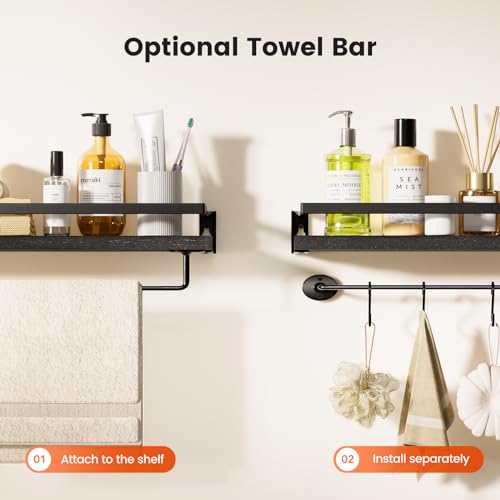 AMADA HOMEFURNISHING Bathroom Shelves with Towel Bar, Floating Shelves, Wall Shelves for Bathroom/Living Room/Kitchen/Bedroom, Black, Set of 2 - AMFS01B - color: Black