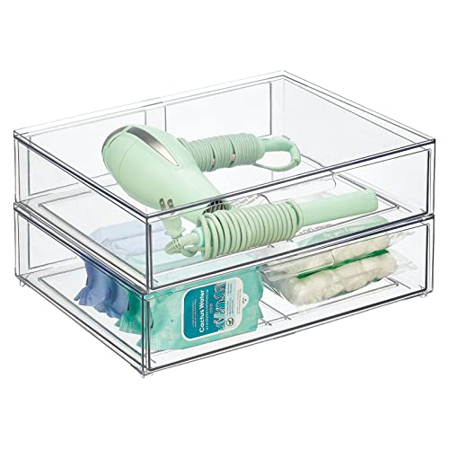 mDesign Wide Plastic Stackable Bathroom Storage Organizer Bin with Pull Out Drawer for Cabinet, Vanity, Shelf, Cupboard, Cabinet, Countertop, Closet Organization - Lumiere Collection - 2 Pack - Clear - size: 12 x 16 x 4 (Pack of 2)