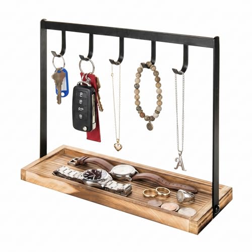 MyGift Black Metal Entryway Key Holder with 5 Hooks and Burnt Wood Base, Tabletop Necklace and Jewelry Organizer Rack with Ring Tray - color: Burnt Wood