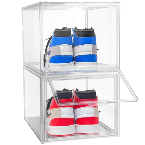 2 Pack Drop Front Shoe Boxes Fit US Size 13, Acrylic Shoe Organizer Clear Stackable Sneaker Sotrage Box for Entryway, Home, Underbed, Multiple Display Cases for Cosmetic, Hats, Figures, Sneakers - size: Large Size 13-14