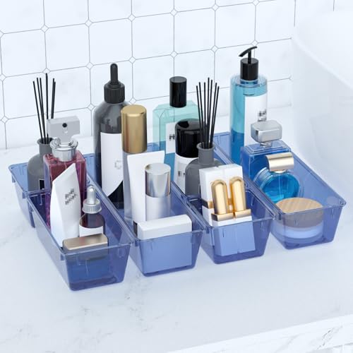 WOWBOX 6 Pack Clear Drawer Organizer Set, Acrylic Drawer Storage Trays, Storage Bins for Makeup, Cosmetics, Jewelries, Utensils, Gadgets, Office, Dark Blue - color: Dark Blue, size: 6 PCS