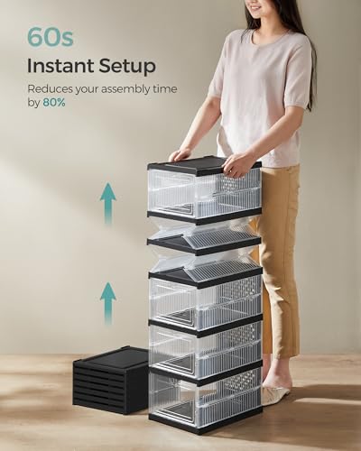 SONGMICS Foldable Shoe Boxes, Pack of 12 Stackable Shoe Storage Organizer, Set of 2 Integraed Shoe Cabinets, Portable, Fit up to US Size 13, 60s Assembly, Transparent and Ink Black ULSP206B01 - color: Transparent + Ink Black, size: 6 Tiers (12 Pairs)
