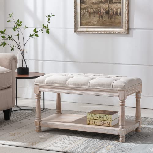 chairus Storage Bench 31.5" W Button Tufted Small Entryway Bench with Wooden Shoes Rack End of Bed Bench with Fabric Linen Upholstered Rectangular Seat for Bedroom Hallway Small Space, Beige - color: Beige, size: 31.5 Inches Seat