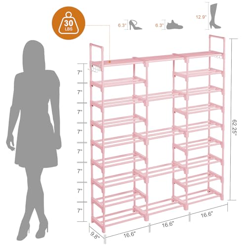 WOWLIVE 9 Tiers Shoe Rack Shoe Storage Shoe Organizer 50-55 Pairs Shoe Tower Unit Shelf Durable Metal Pipes with Plastic Connectors Stackable Cabinet Pink - color: Pink, size: 3 Row 9 Tier