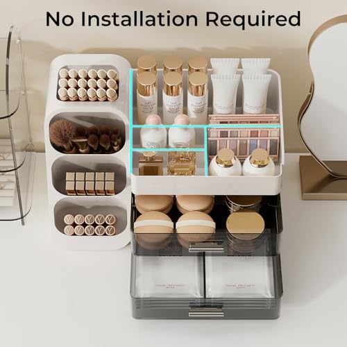 Makeup Organizer for Vanity with Brush Holder, Large Plastic Bathroom Countertop Skincare Organizer with 2 Drawers, Spacious Cosmetic Display Case for Perfumes, Eyeshadow Palettes, Nail Polishes - color: White, size: Large