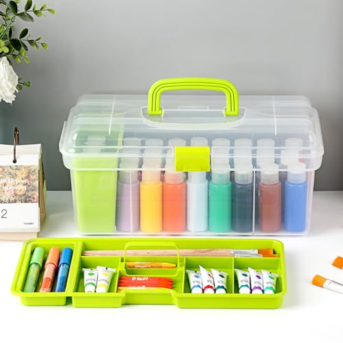 JUXYES Plastic Clear Craft Paint Bottle Storage Box with Divided Tray and Cleaning Cup, Portable Acrylic Paint Storage Organizer Case with Lid, Storage 36 Bottles of 2 fl. oz Acrylic Paints, Green - color: Green