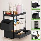Kottwca 2-Tier Bathroom Counter Organizer with Drawer, Basket & Hooks, Wooden Vanity Shelf for Skincare, Perfume & Makeup Storage(Black) - color: Black