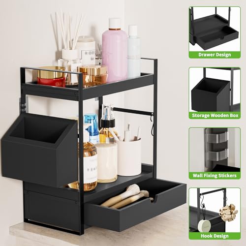 2-Tier Bathroom Counter Organizer with Drawer and Basket, Wood Countertop Organizer for Storage, Skincare Organizers for Vanity, Counter Shelf for Bathroom Organization, Black - color: Black