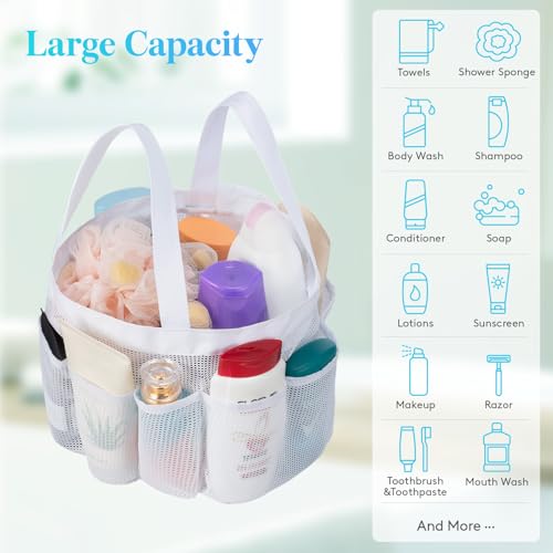 Lifewit Mesh Shower Caddy Portable for College Dorm Room Essentials with 7 Pockets, Freestanding Hanging Organizer Basket, Quick Dry Tote Bag for Camping, Bathroom, Beach, Travel, 1 Pack, White - color: White