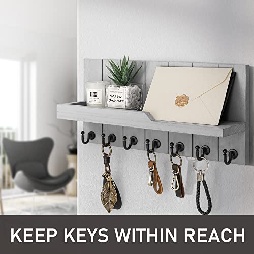 Rebee Vision Decorative Key and Mail Holder for Wall - Farmhouse 15 Inches Floating Shelf with 7 Sturdy Key Hooks for Home Entryway Wall Decor - Rustic Key Racks (Gray,15-inch) - color: Gray, size: 15-inch