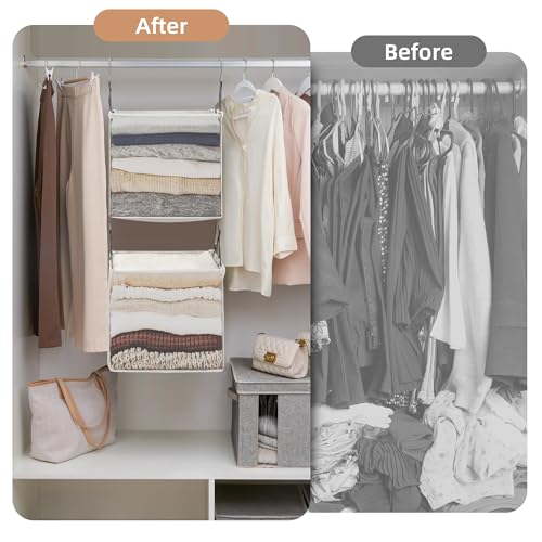 STORAGE MANIAC 2-Shelf Hanging Closet Organizer, Cloth Hanging Closet Shelf, Hanging Closets Baskets with Hooks for Dorm, Apt, Bedroom, College, Garment Rack, Wardrobe, Fabric with Mesh, Ivory - style: Ivory