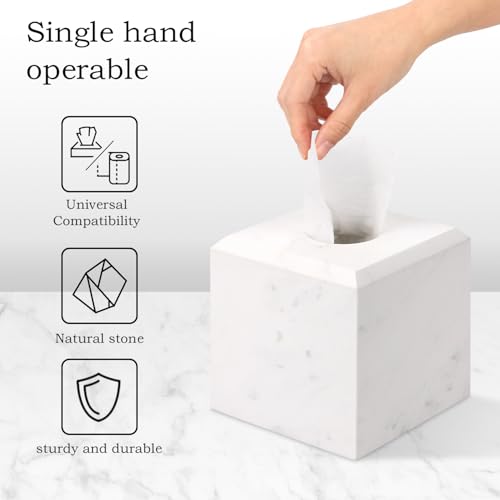 Natural Marble Square Tissue Box Cover,Stone Modern Decorative Sturdy Napkin Box Holder Case,Facial Paper Organizer for Bathroom Vanity Toilet Countertop,Kitchen (1, Jazz White, 5.71 * 5.71 * 5.51) - color: Jazz White