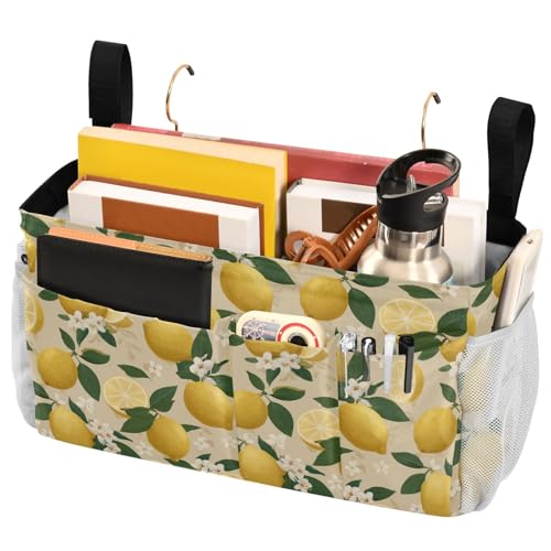 Bedside Caddy Hanging Bunk Bed Caddy Bed Organizer Hanging Pocket with 2 Hooks Bedside Storage Organizer Pocket Bag Holder Beige Lemons and Flowers - color: Beige Lemons and Flowers