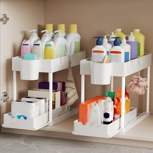 2 Pack Under Sink Organizers and Storage, 2-Tier Sliding Cabinet Organizer Drawer for Bathroom and Kitchen – Multi-Purpose Cabinet Organizer with Easy Pull-Out Design (White) - color: White., size: 2 Pack