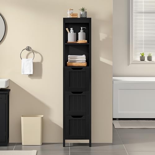 Yaheetech 56”H Bathroom Storage Cabinet, Narrow Freestanding Floor Cabinet with 3 Drawers & 2 Shelves, Tall Slim Bathroom Organization for Living Room/Hallway/Small Space,Black - color: Black, size: 56"H