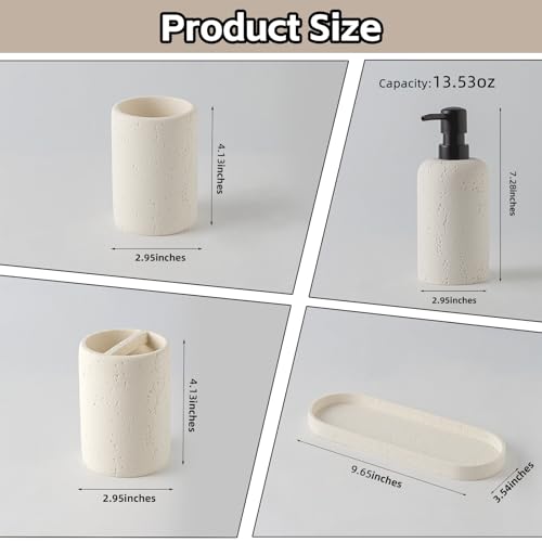 Bathroom Accessories Set, 4 Piece Travertine Stone Look Collection, Modern Bath Organizer with Soap Dispenser, Toothbrush Holder, Tumbler, Vanity Tray for Countertop Kitchen Sink (Off White) - color: Off White