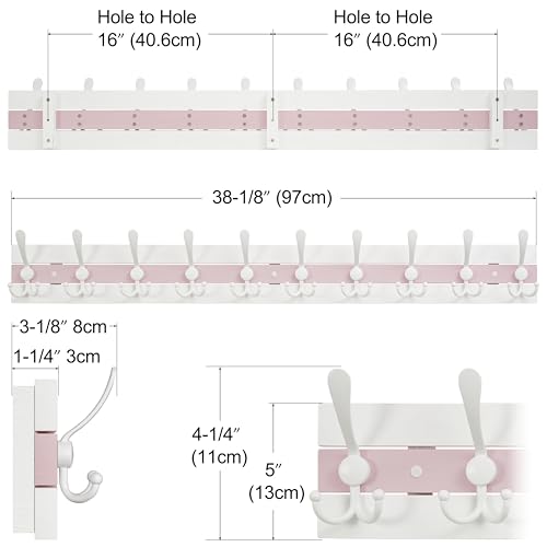 SKOLOO Coastal Wall Mounted Coat Rack - 38-1/8" Beach House Entryway Wooden Coat Hook with 10 Hooks for Hanging Coats, Hats or Towels, Oceanfront Cottage Core Collection, White & Palm Beach Pink - color: Pink & White Plates & White Hook, size: 1 Item-10 H
