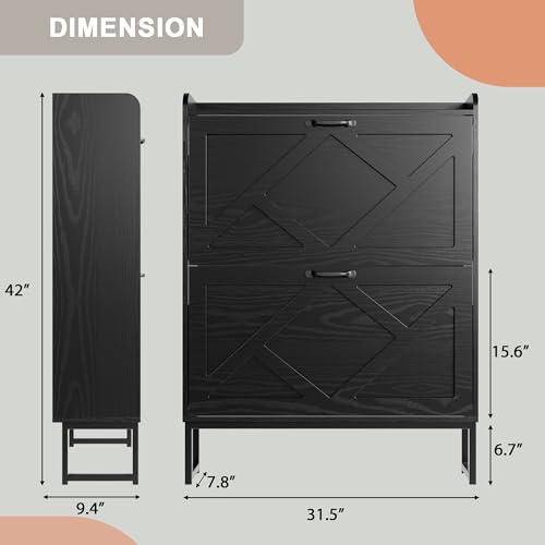 Nicetree Shoe Storage Cabinet with 2 Flip Drawers, Freestanding Shoe Organizer, Shoe Cabinet with Metal Legs, Farmhouse Slim Shoe Cabinet for Entryway, Foyer, Hallway, Black - color: Ebony, style: 2-Drawers