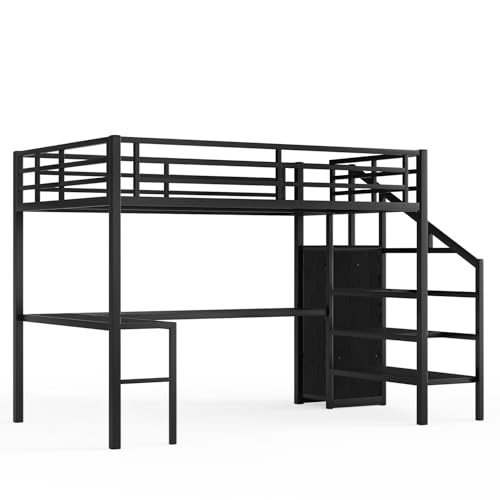 Bellemave Full XL Size Metal Loft Bed with L Shaped Desk and Wardrobe, Heavy Duty Loft Bed Frame with Storage Stairs, LED Loft Bed Frame with Charging Station & Safety Guardrails, Black - color: Black, size: Full XL