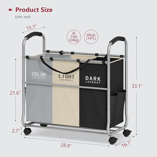 Tajsoon 3 section Laundry Hamper Sorter, Laundry Sorter Cart with Heavy Duty Lockable Wheels and Removable Bags, Laundry Separated Rolling Cart Basket for Clothes Storage, Grey+Beige+Black - color: 3 Colors, size: 3 Bag