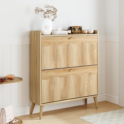 Bifins Shoe Storage Cabinet with 2 Flip Doors, 31.5" Narrow Fluted Design for Space Saving, Freestanding Entryway Shoe Organizer for Hallway & Living Room (Natural Oak 2 Drawer) - color: Natural Oak 2 Drawer