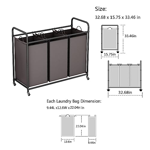 LINZINAR 3-Bag Laundry Sorter,Laundry Hamper Cart with Heavy Duty Rolling Lockable Wheels and Removable Bags (Brown) - size: 3 Bags Brown