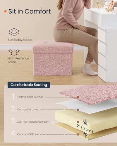 SONGMICS Small Folding Storage Ottoman, Foot Rest Stool, 12.2 x 16.1 x 12.2 Inches, Ottoman with Storage, Load up to 286 lb, for Living Room, Bedroom, Dorm, Jelly Pink ULSF094R01 - color: Jelly Pink, style: Teddy Fleece