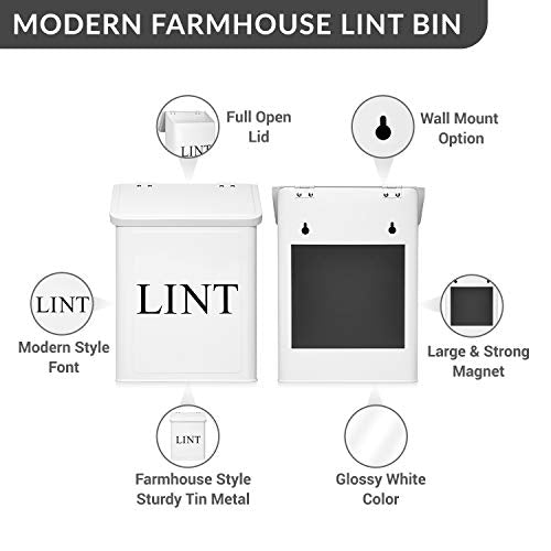 Calindiana Modern Farmhouse Metal Magnetic Lint Bin for Laundry Room Decor and Accessories with Lid and Laundry Room Organization and Storage Wall Mount Space Saving Washer and Dryer Trash Can, White - color: WHITE