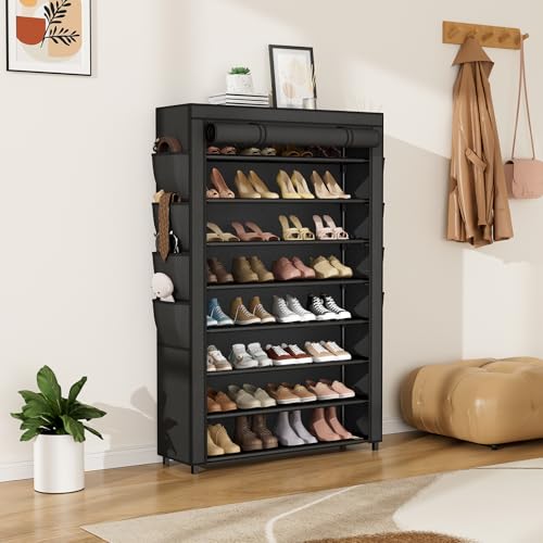 VILICK Shoe Rack with Cover, 8 Tier Tall Shoe Organizer Storage for 36-45 Pair Shoes and Boots Large Shoe Storage Shelf Free Standing Shoe Rack for Closet, Front Door Entrance, Dorm, Garage - color: Black, size: 33.8"W-8 Tier