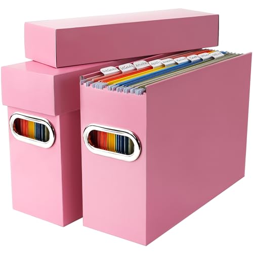 File Organizer Box with Lid & Handle, Thickened Cardboard Hanging File Folder Storage Boxes for Letter Size, Portable Filing Organizer for Office, Home, Classroom, Pink 2 Pack - color: Pink, size: 2 Pack