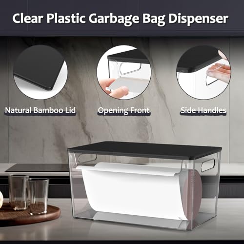 COAZEX 2 Pack Trash Bag Holder Under Sink Stackable, Plastic Garbage Bag Dispenser with Lid, Trash Bag Storage Dispenser Roll Holder for Kitchen, Pantry, Laundry Room Organization (Black Lid) - color: C-Clear(Black Lid)