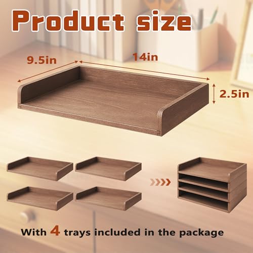 PROLEE Wooden Paper Tray Organizer for Desk,Stackable Paper Holder and Letter Tray,4-Tier Desktop File Storage Rack for Study,Home and Office(Walnut,14" x 9.5" x 2.5") - color: Walnut