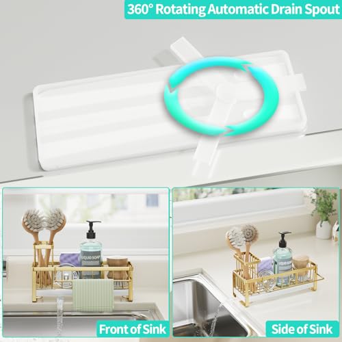 HapiRm Sponge Holder for Kitchen Sink - Self-draining Sink Caddy with Brush Holder and Dishcloth Holder, Stainless Steel Kitchen Organizer for Countertop - Gold - color: Gold, size: with Dishcloth Holder