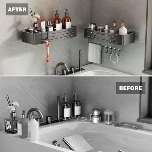 Voldra Shower Caddy Suction Cup, 3 Pack Shower Shelves for Inside Shower No Drilling, Aluminum Suction Showers Organizer with Towel Bar & Hooks Removable Bathroom Shelf Storage Rack(Gray) - style: Suction Cup Rectangle-3 Pack