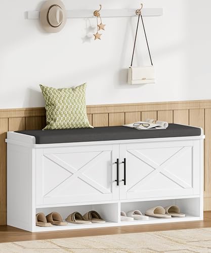 Farmhouse Shoe Storage Bench with Cushion, Entryway Bench with Adjustable Shelves and Open Bottom Shelf, Hidden Shoe Cabinet Storage for Entryway, Hallway, Living Room, Bedroom, White