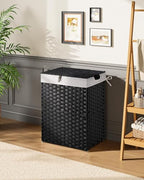 Greenstell Laundry Hamper with 2 Removable Liner Bags, Foldable Divided Clothes Hamper, 90L Handwoven Synthetic Rattan Laundry Basket with Lid and Handles, Easy to Install Black 18.3x13.3x24 Inches - color: Black, size: 90L (18.3x13.3x24.0 Inches)