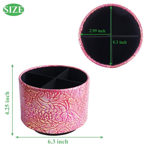Round Leather Art Supply Organizer,Remote Control Holder,360 Degree Spinning,Multi-Functional Pencil Holder,4 Compartments Desktop Stationary Organizer(1-Rich Flower Pink) - color: 1-Rich Flower Pink