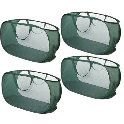 4 Piece Popup Mesh Laundry Basket Durable Handles Collapsible Laundry Baskets Folding Clothes Pastic Hamper for Laundry Room College Dorm (Green) - color: Green