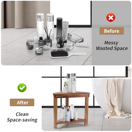 Boulphia Shower Foot Rest 14in, Acacia Wood Shower Stool for Shaving Legs, Waterproof Corner Shower Stool with Storage Shelf for Inside Small Shower Spaces, Wood Color - color: Wood Color