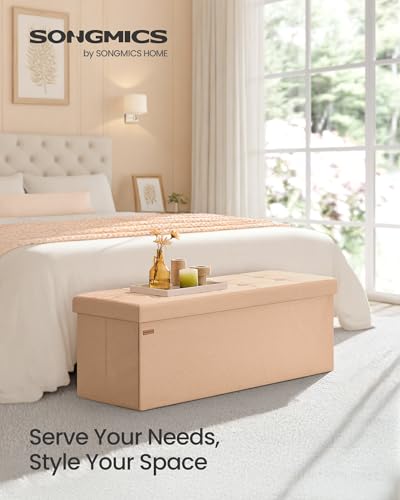 SONGMICS Mazie Collection - Storage Ottoman Bench, 43 Inches Folding Foot Rest Stool, End of Bed Bench, Easy Assembly, for Living Room, Bedroom, Entryway, Apricot Orange ULSF077O01 - color: Apricot Orange, size: 15"D x 43"W x 15"H