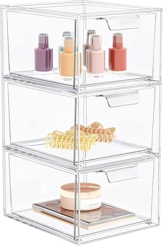 SpaceHacks 3 Pack Stackable Makeup Organizer and Storage, Acrylic Organizers，Clear Plastic Storage Drawer with Handles for Vanity, Undersink, Kitchen Cabinets, Pantry - color: Clear, size: 3 Pack