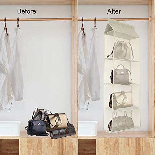 Closet Handbag Purse Holder, Space Saving Hanging Handbag Tote Bag Storage Organizer Holder with 4 Large Heavy-Duty Mesh Shelves for Wardrobe Closet(Beige) - color: Beige