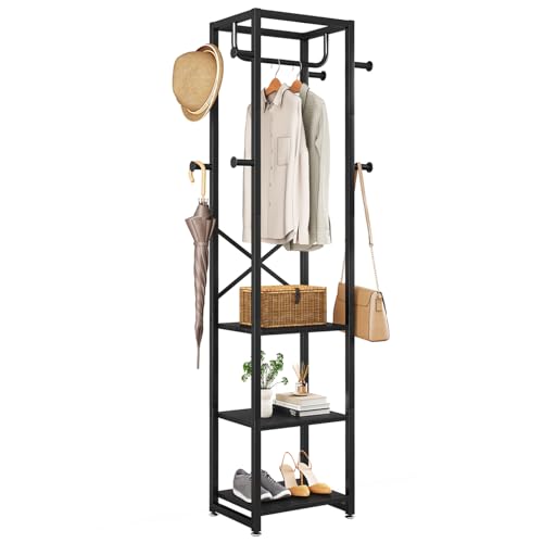 IBUYKE Coat Rack with Shelves, Freestanding Hall Tree with 3 Shelves and 8 Hooks, Industrial Clothes Stand for Entryway, Hallway, Bedroom, Black UTMJ088B - color: Black