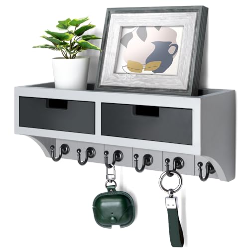 Rebee Vision Key Holder Wall Mount with Drawer Organizer: Mail Organizer for Wall with 6 Key Hooks and Wall Shelf - Apartment Essentials for Aesthetic Room Decor (Gray & Black) - color: Gray & Black, style: 2-Drawer